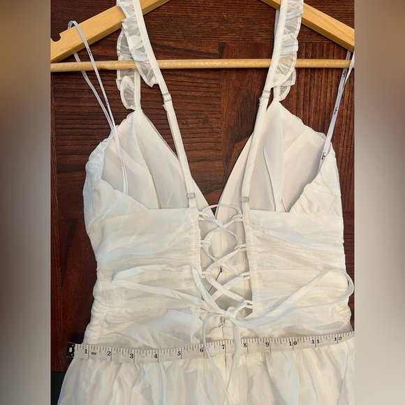 NWT Lulus Plunge Midi Dress, spaghetti strap w/ruffle, lace-up back, Tencel, Wht - Picture 3 of 15